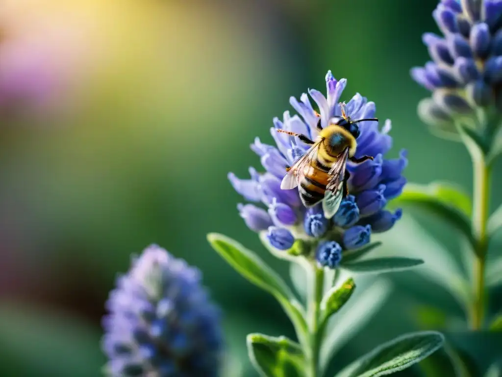 Una abeja polinizando una flor de lavanda morada en un campo soleado, destacando detalles intrincados