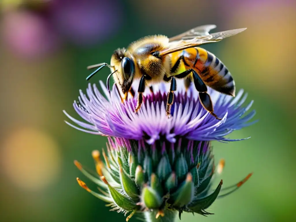 Una abeja recolectando néctar de una flor morada en un campo soleado de flores silvestres