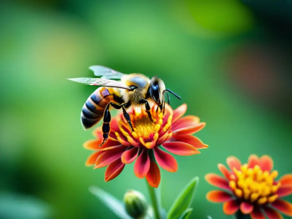 Una abeja recolectando néctar de una flor naranja en un prado verde