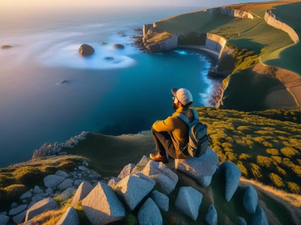 Fotógrafo ajusta cámara en acantilado de Uruguay al atardecer