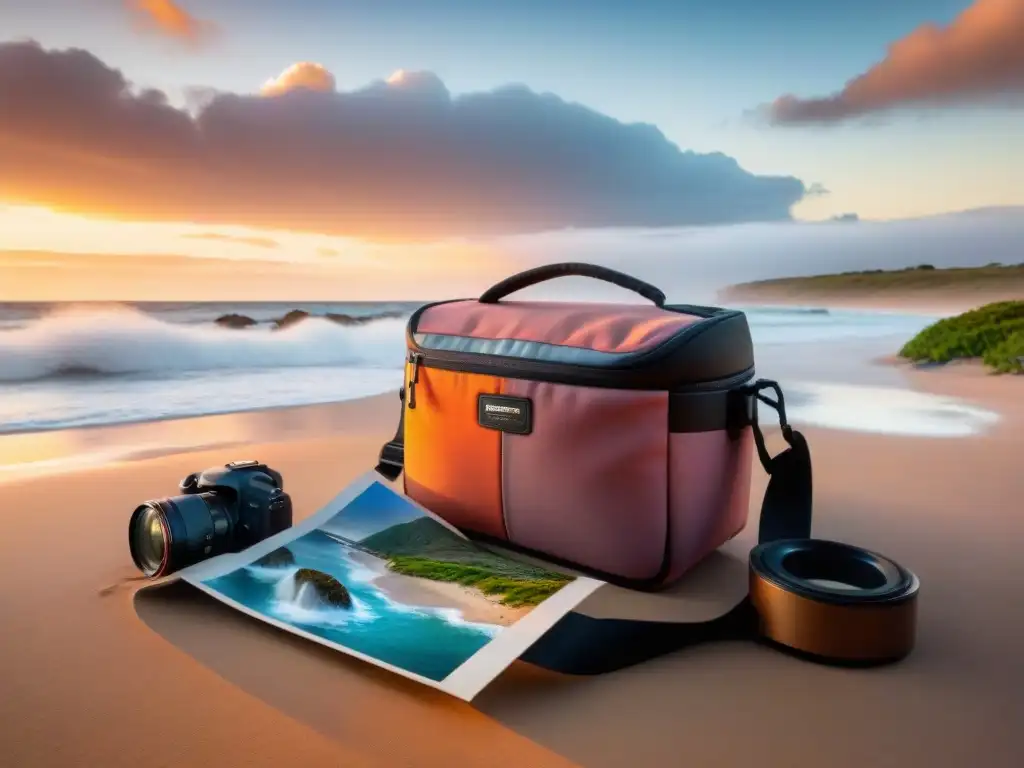 Accesorios de fotografía para viaje en Uruguay: bolsa de cámara abierta en la playa con atardecer colorido al fondo