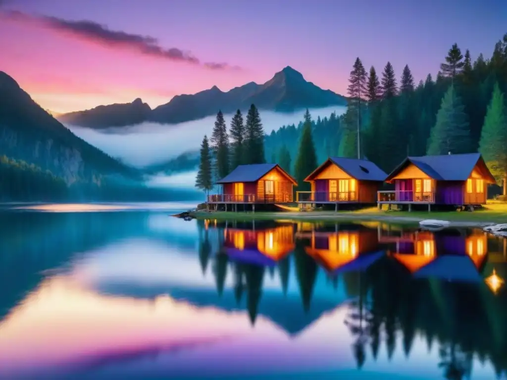 Acogedor atardecer en el lago con cabañas rústicas en Uruguay