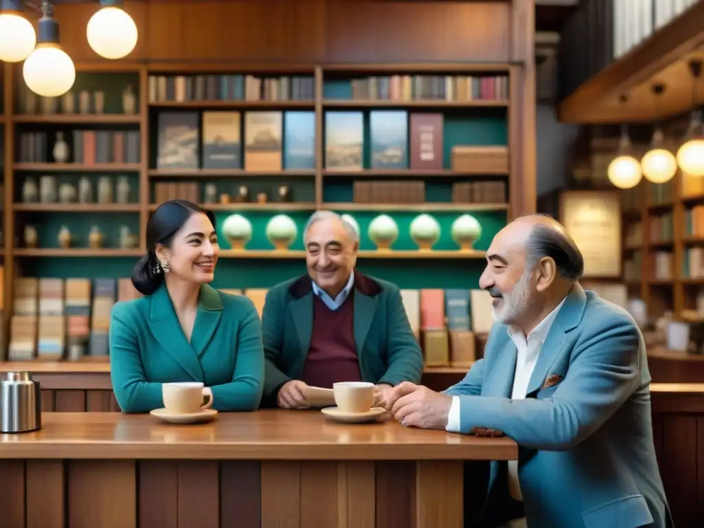 Pablo Neruda y Mario Benedetti conversan animadamente en un acogedor café de Montevideo, Uruguay, rodeados de libros y poesía