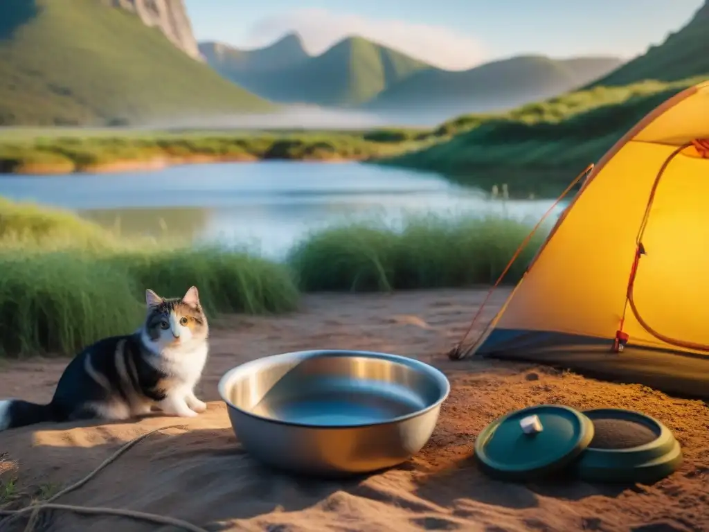 Acogedor campamento en Uruguay al atardecer, con accesorios de camping para mascotas, paz y naturaleza