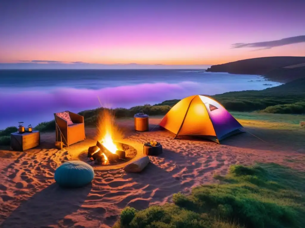 Acogedor campamento en Uruguay al atardecer con accesorios camping imprescindibles