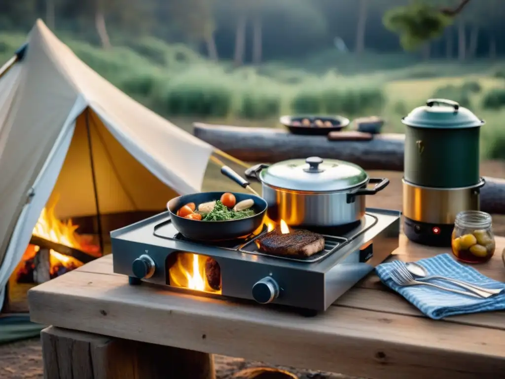 Un acogedor campamento en Uruguay al atardecer con kits de cocina camping gourmet, amigos felices preparando comida al aire libre