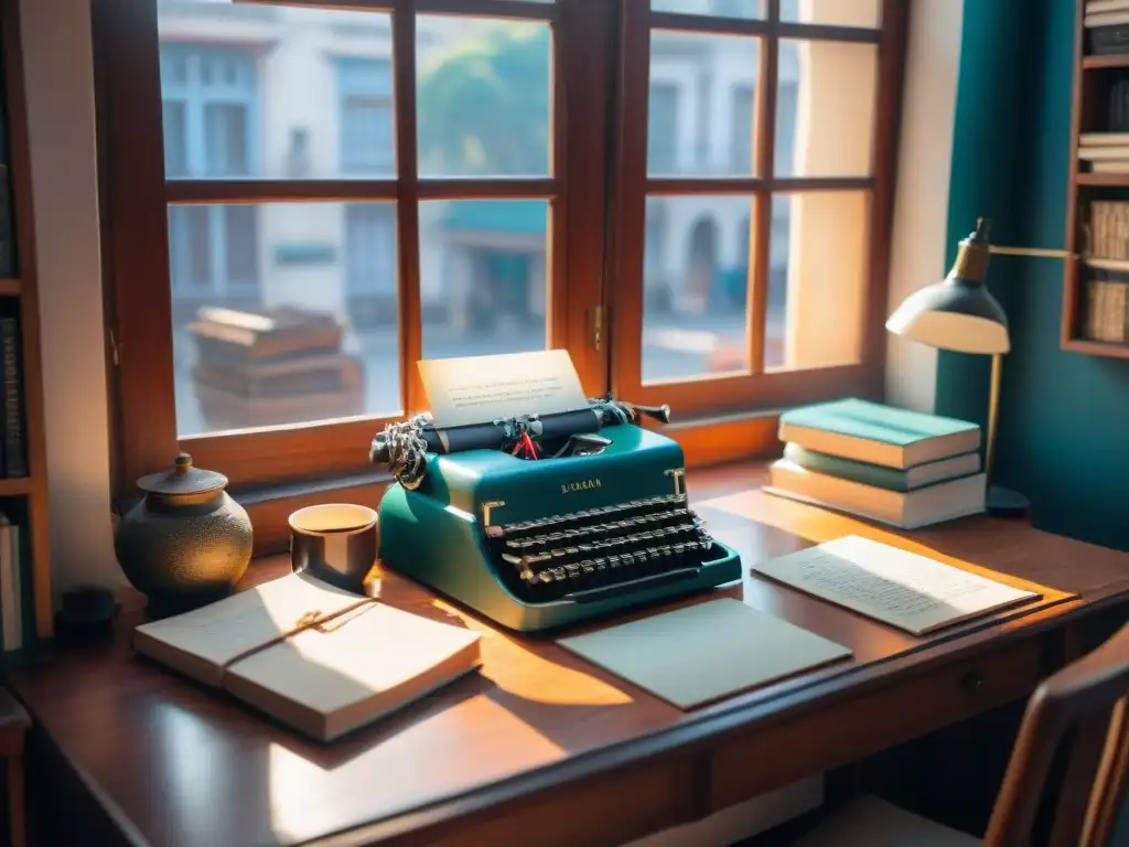 El acogedor escritorio de un escritor uruguayo, con libros, máquina de escribir y mate, iluminado por el sol de Montevideo