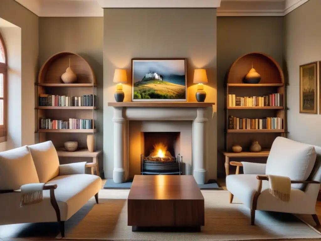 Acogedor hotel boutique en Uruguay con lobby iluminado, chimenea, libros, y recepcionista sonriente