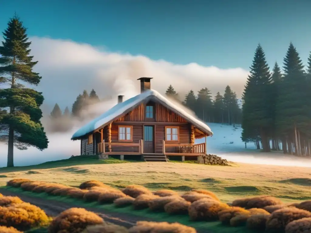 Un acogedor refugio invernal entre pinos nevados en Uruguay