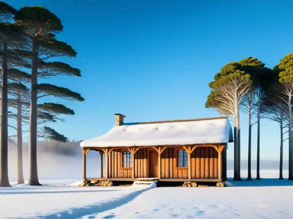 Acogedora cabaña de invierno en Uruguay, entre pinos nevados bajo la cálida luz matutina