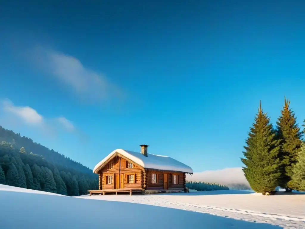 Acogedora cabaña de invierno en Uruguay entre pinos nevados, con humo saliendo de la chimenea, paisaje sereno