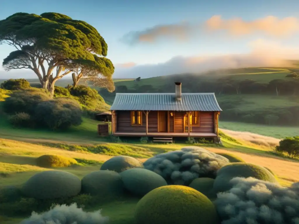 Acogedora cabaña de madera entre árboles verdes en Uruguay, la tranquilidad se respira en cada rincón