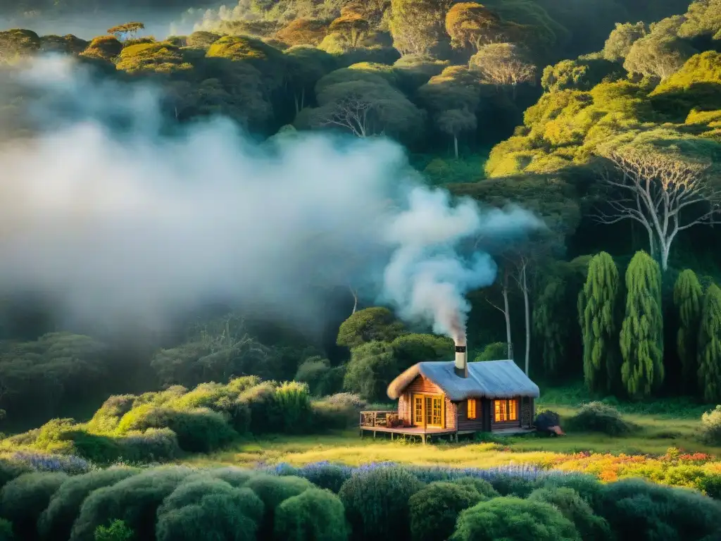 Acogedora cabaña de madera en un bosque de Uruguay rodeada de naturaleza y tranquilidad al atardecer