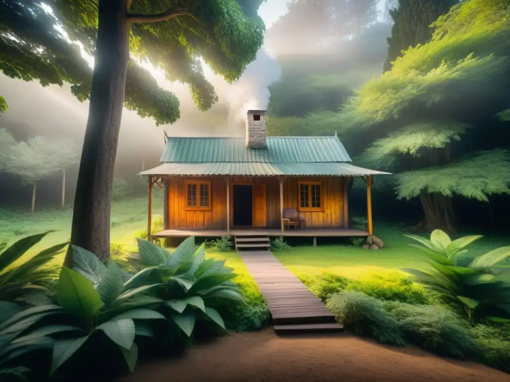 Acogedora cabaña de madera en un bosque verde en Uruguay, ideal para desconectar