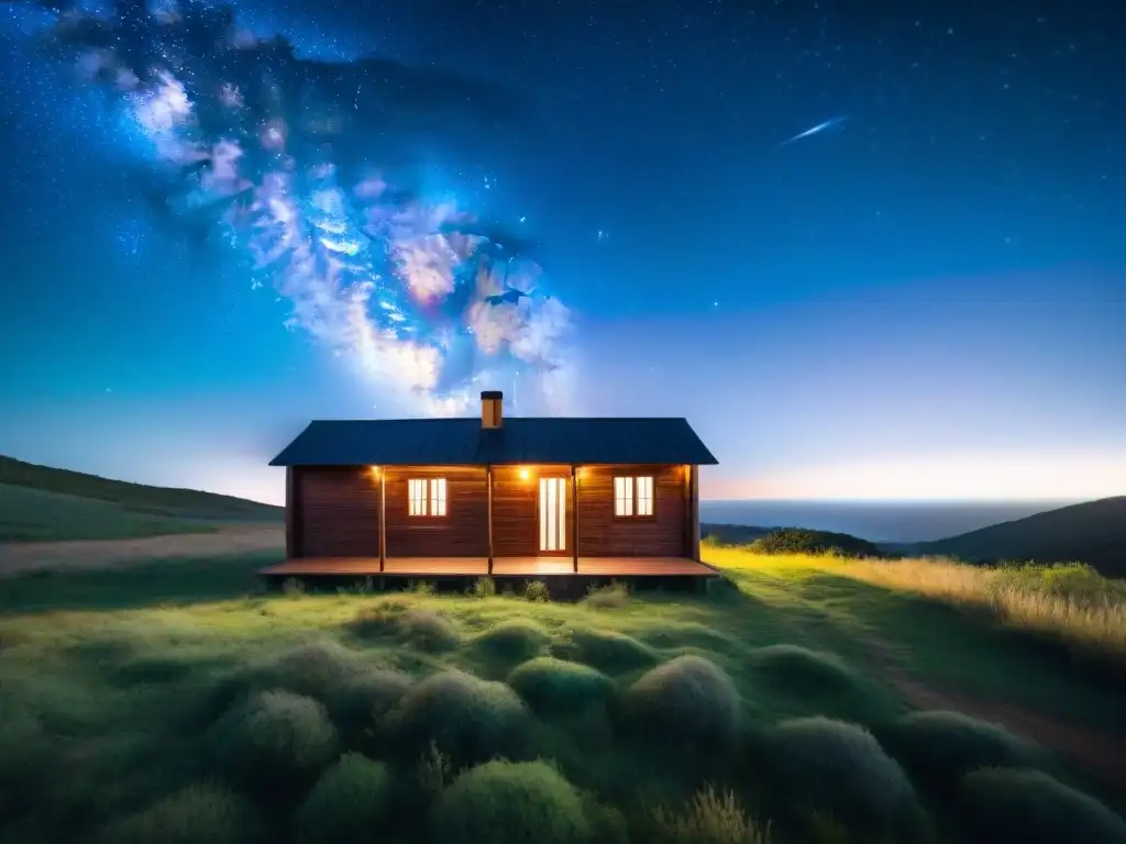 Acogedora cabaña de madera bajo un cielo estrellado en Uruguay