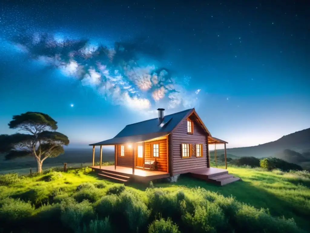 Acogedora cabaña de madera bajo la Vía Láctea en Uruguay, ideal para observación astronómica