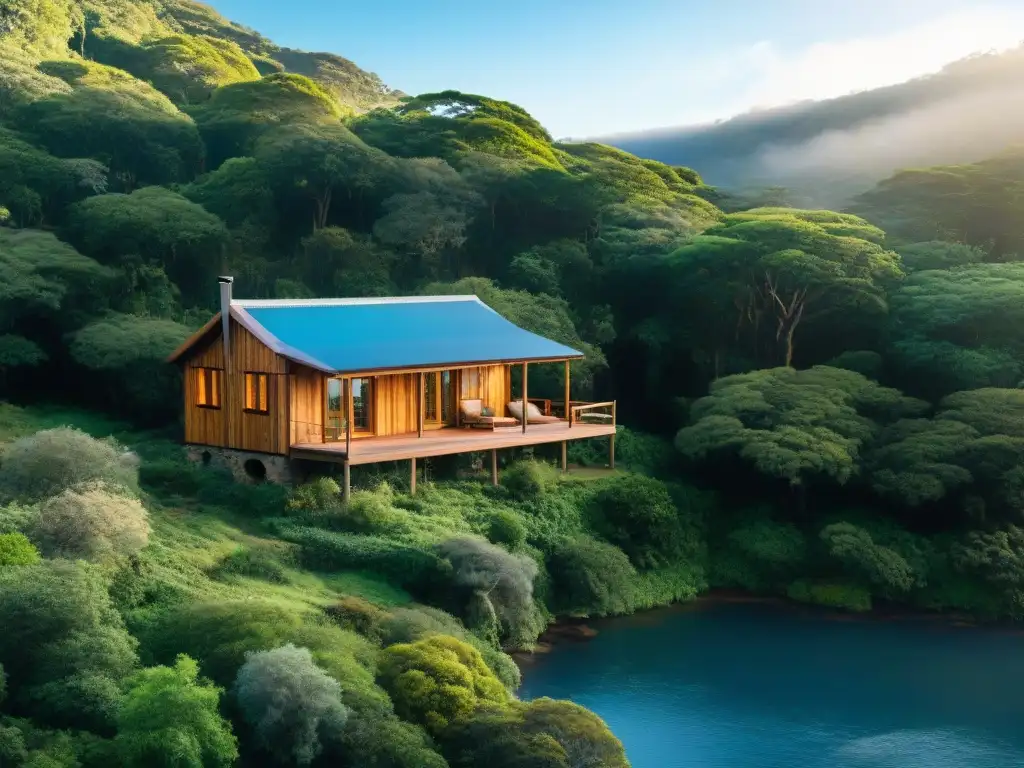 Acogedora cabaña de madera en armonía con la naturaleza, reflejando el ecoturismo en cabañas Uruguay