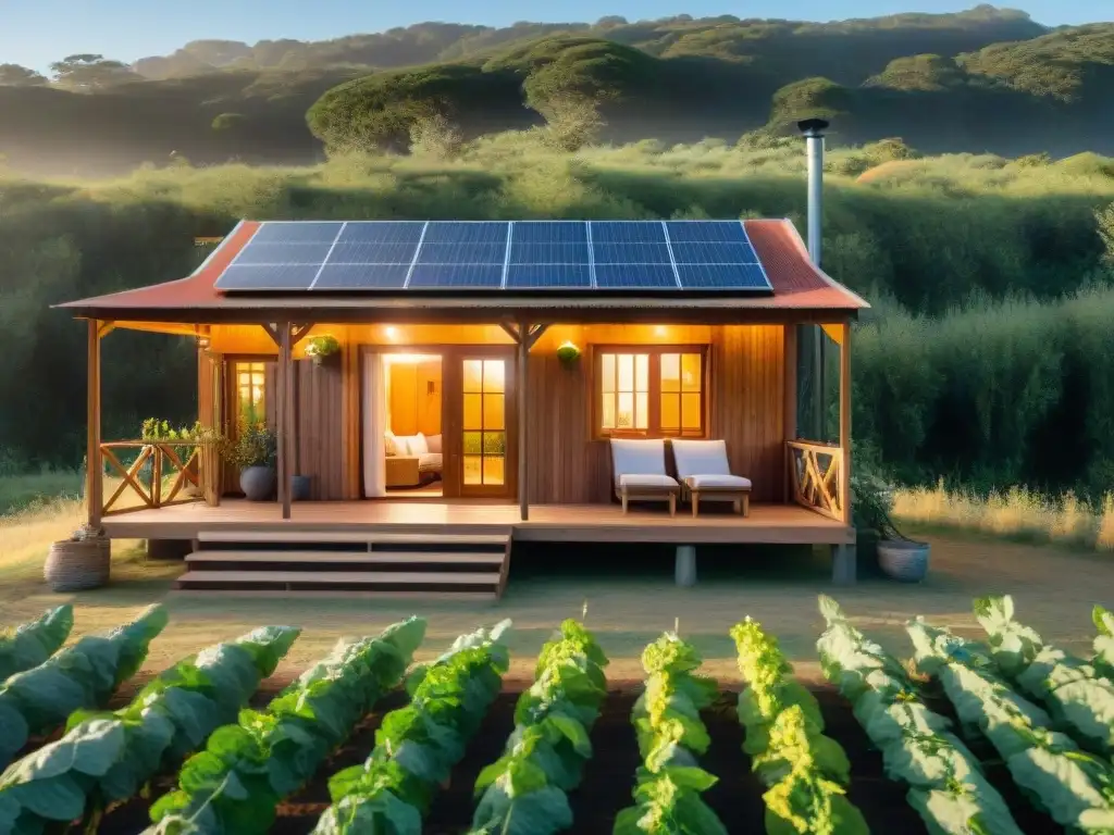 Acogedora cabaña de madera en paisaje verde de Uruguay con paneles solares, huerto y letrero de turismo responsable al atardecer