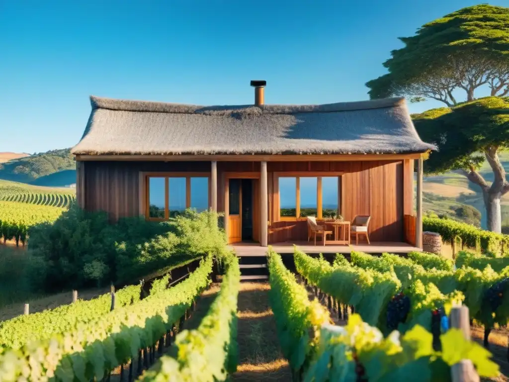 Acogedora cabaña de madera entre viñedos en Uruguay