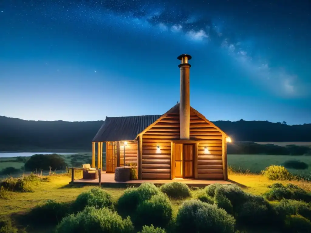 Acogedora cabaña con chimenea en Uruguay bajo un cielo estrellado