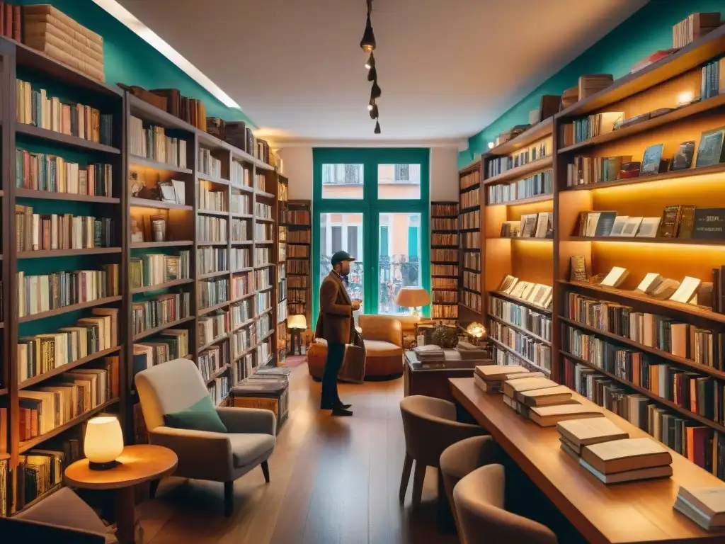 Acogedora librería en Montevideo con ambiente cálido, libros antiguos y clientela disfrutando de la literatura