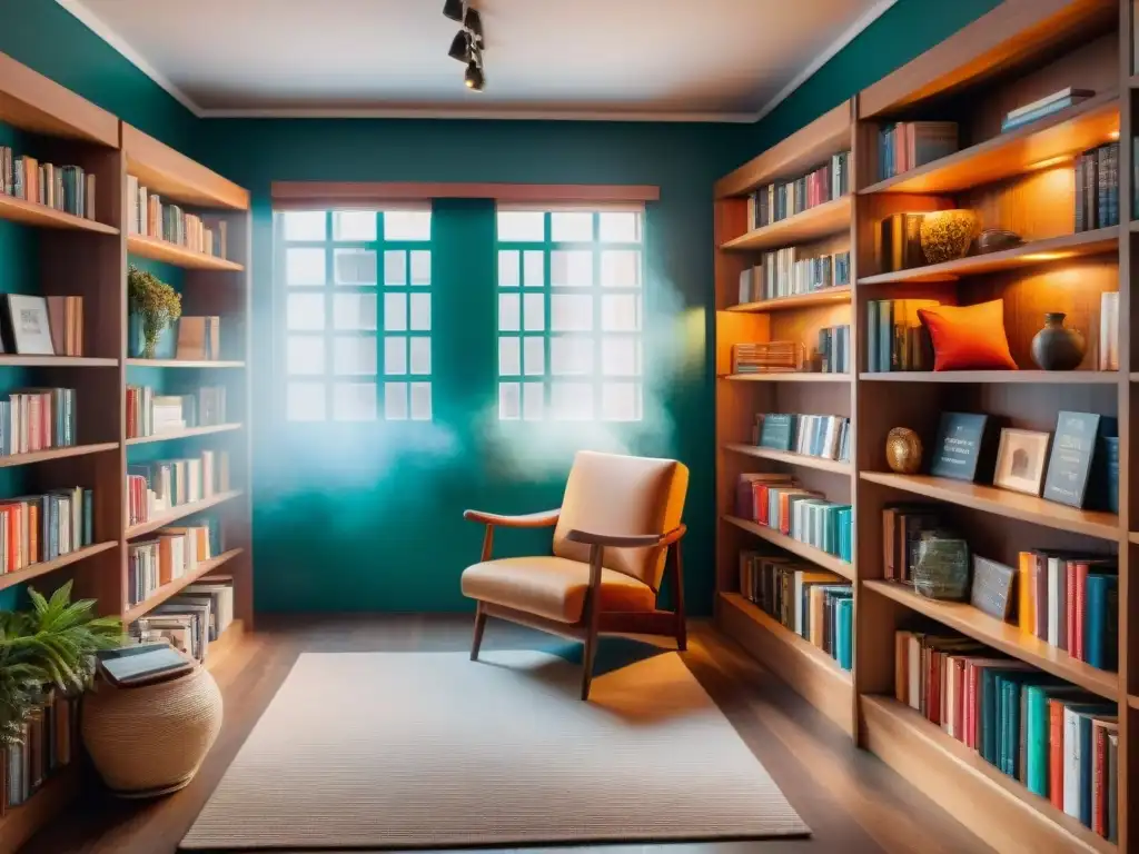 Librería uruguaya acogedora con libros coloridos, sillón vintage y luz cálida que inspira viajes literarios