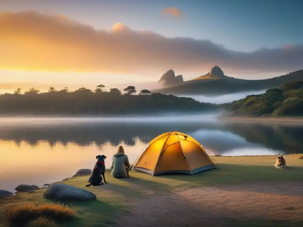 Acogedora noche de camping en Uruguay con mascotas, junto a un lago al atardecer