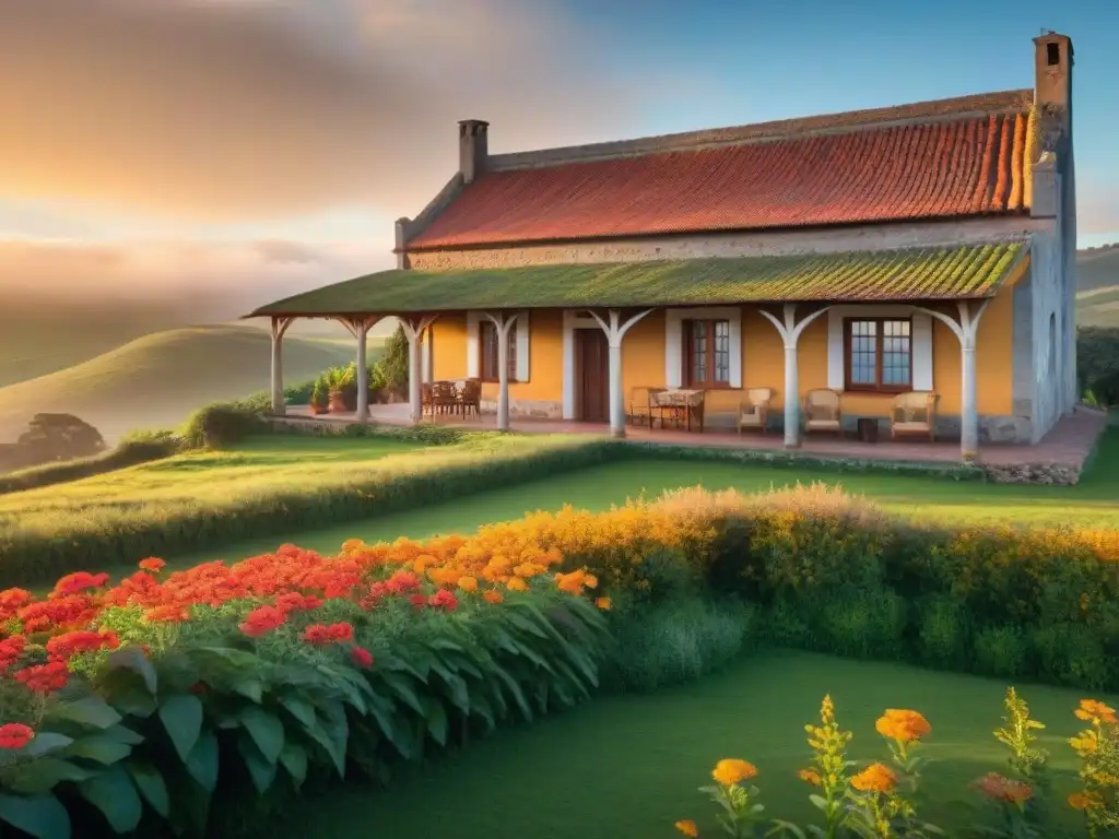 Acogedora posada rural en Uruguay, bañada por cálida luz dorada al atardecer