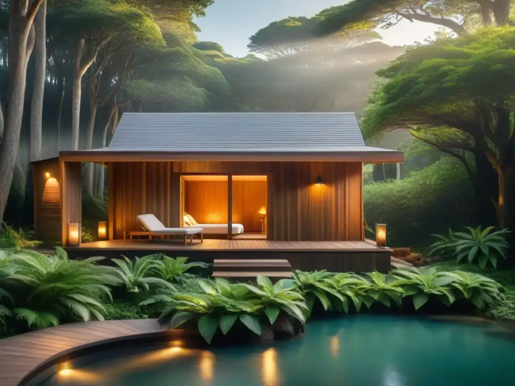 Acogedora cabaña spa en Uruguay rodeada de vegetación, con luz suave filtrándose entre los árboles