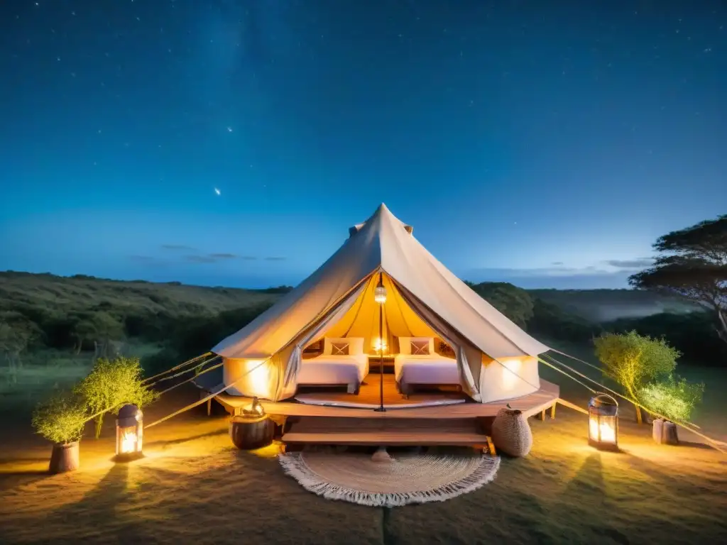 Acogedora tienda de glamping iluminada por luces cálidas bajo el cielo estrellado de Uruguay