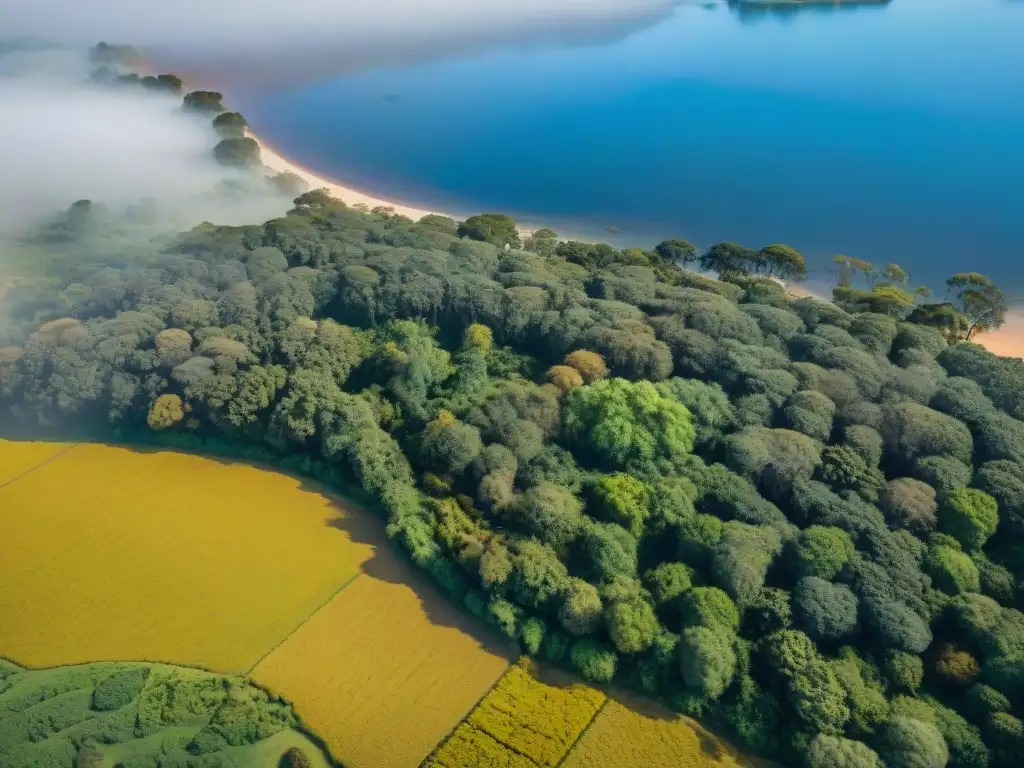 Voluntariado restauración ecosistemas Uruguay: Imagen aérea de vasto paisaje con ecosistemas restaurados y voluntarios plantando árboles