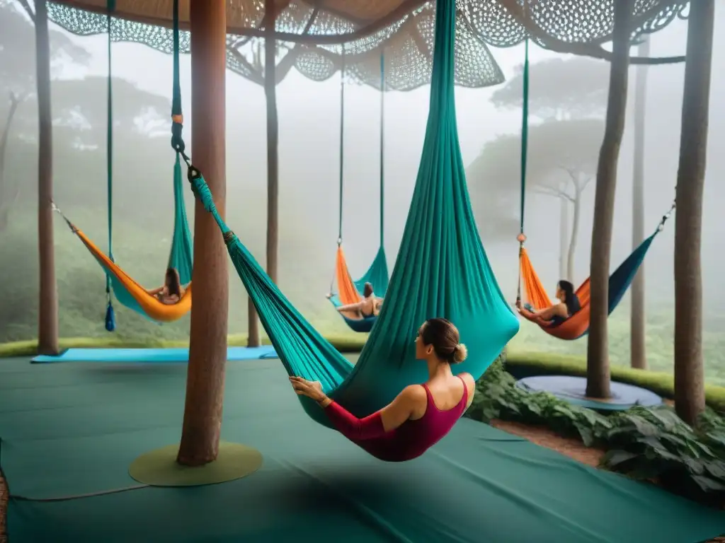 Práctica de yoga aéreo en hammocks coloridos en un bosque de Uruguay