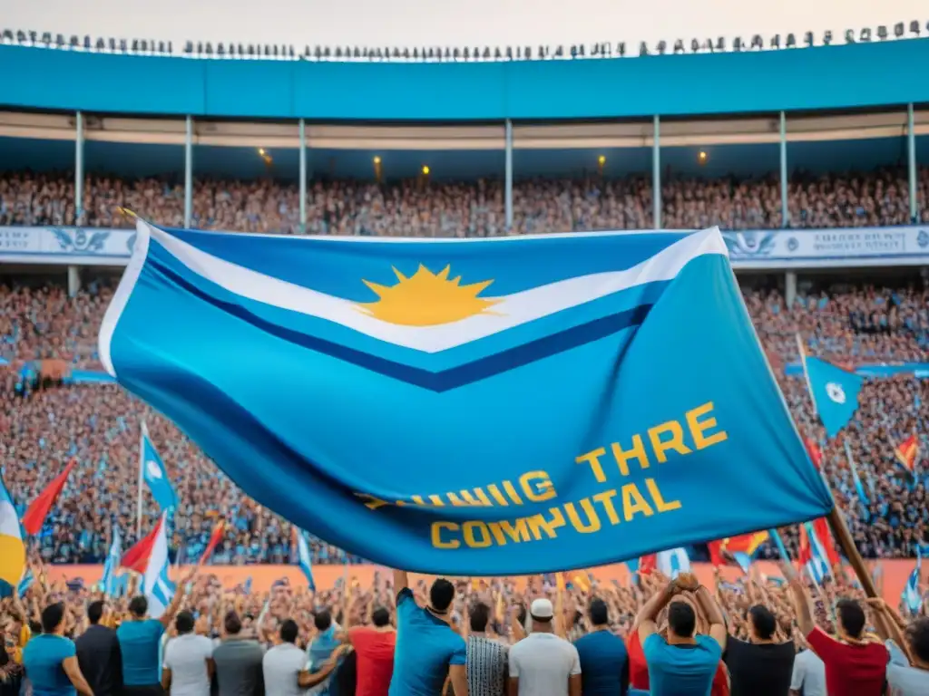 Aficionados apasionados agitando banderas en estadio histórico de fútbol en Uruguay