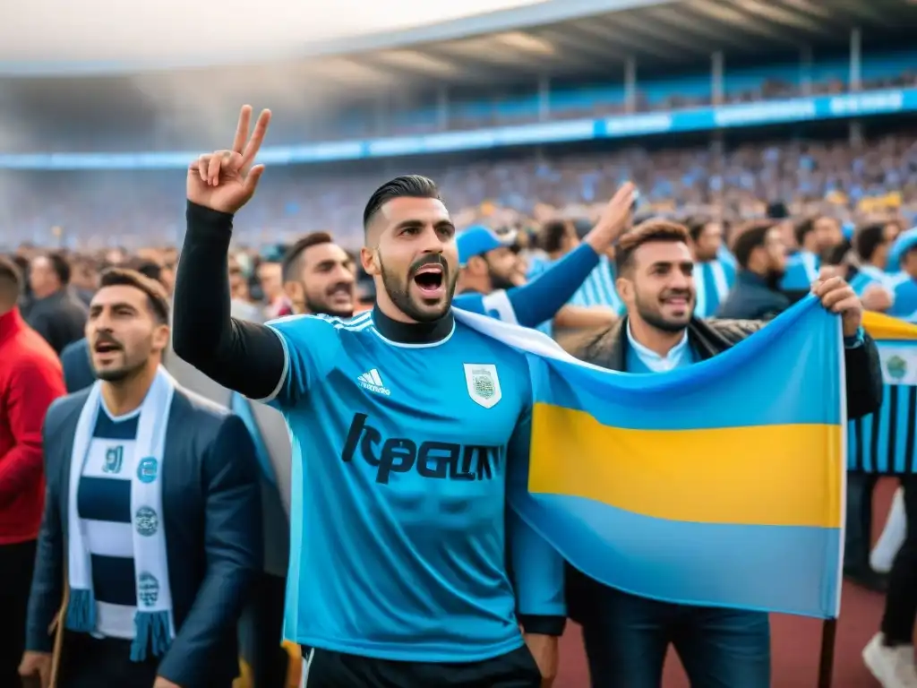 Aficionados apasionados en estadio vibrante de Uruguay, capturando la esencia de los Clubes de fútbol en Uruguay