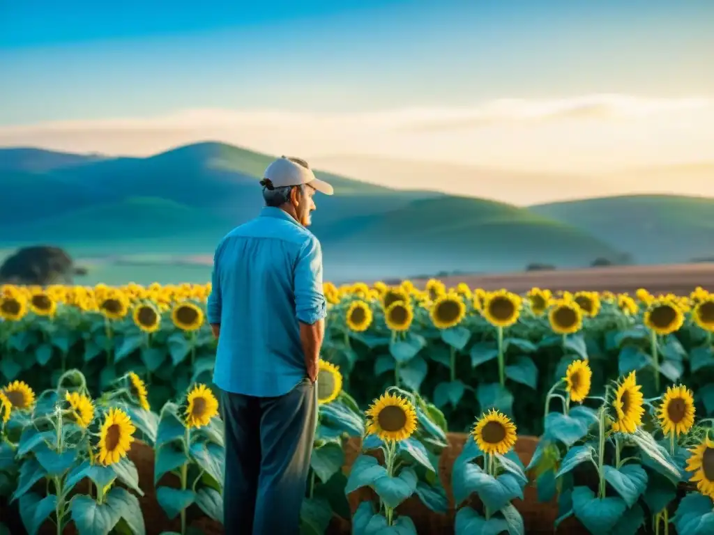 Un agricultor en San José, Uruguay, cuida un campo de girasoles bajo un cielo azul