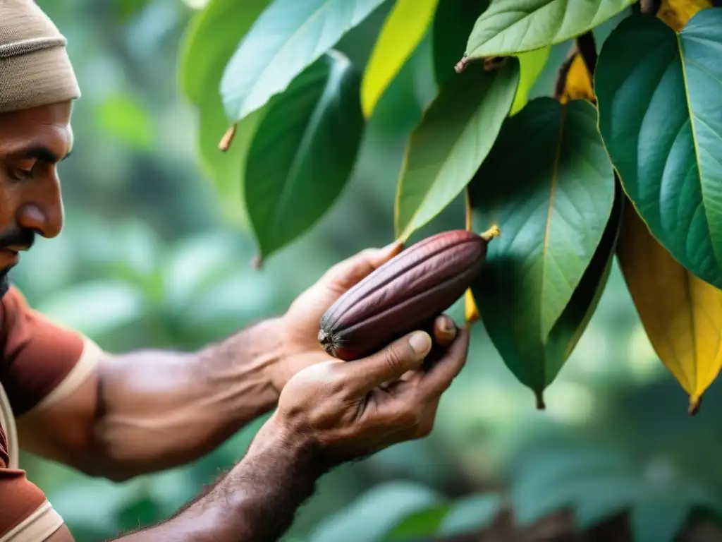 Un agricultor uruguayo recolectando cacao maduro en una plantación, parte de la Ruta del chocolate en Uruguay