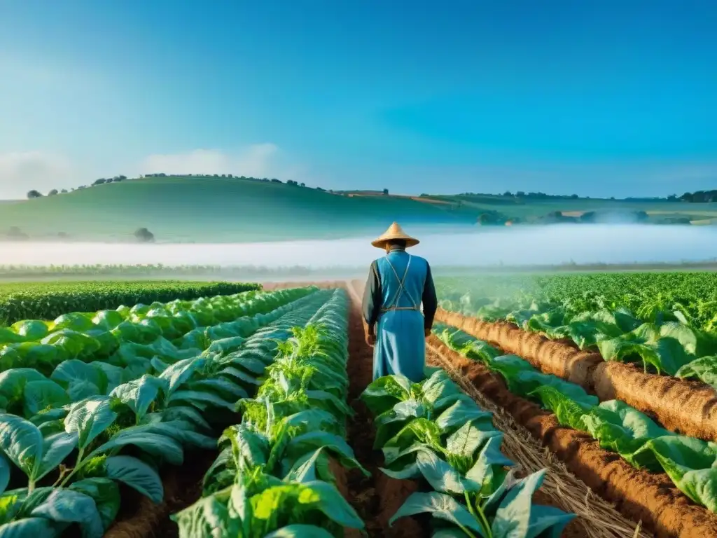 Un agricultor uruguayo cuidando un campo de agricultura sostenible con cultivos orgánicos