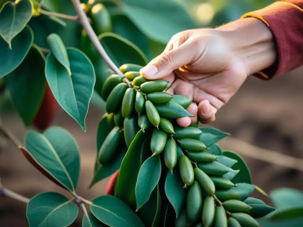 Un agricultor uruguayo recolecta frijoles Algarrobo en el campo