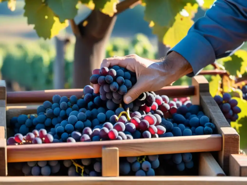 Un agricultor uruguayo exprime uvas moradas en un lagar de madera, durante la vendimia