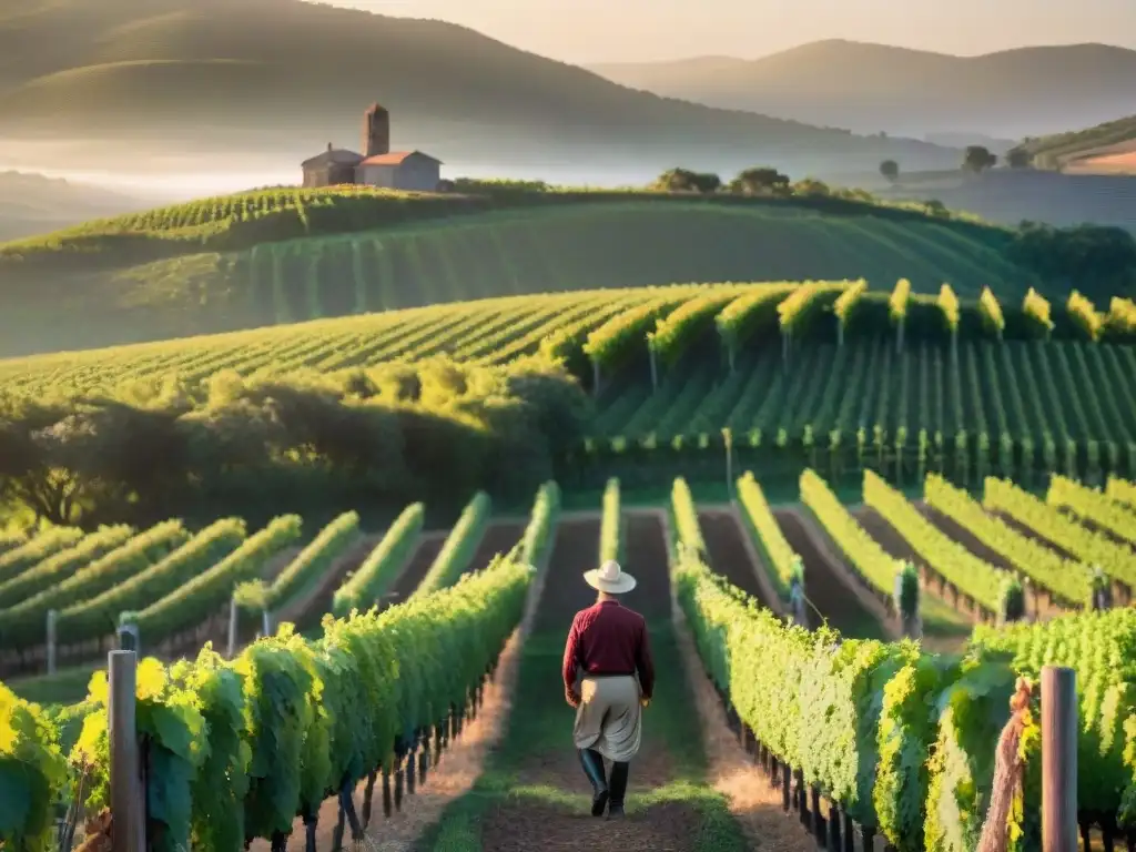 Agricultor inspeccionando uvas maduras en viñedo de la Ruta del Vino Uruguay aventura