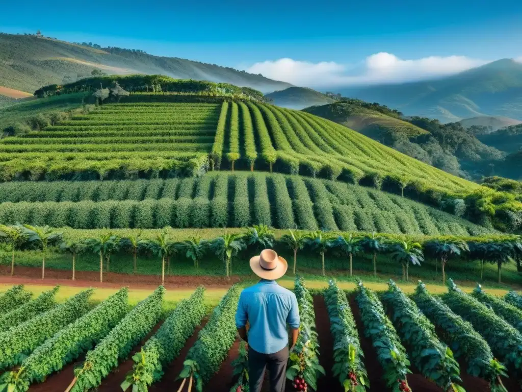 Plantación de café en Uruguay: agricultores locales recolectan cerezas rojas en un escenario sereno