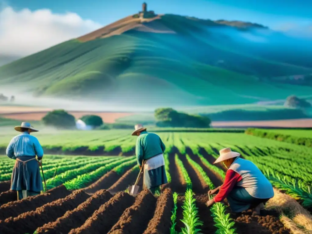 Agricultura sostenible en Uruguay: Campesinos trabajando juntos en un campo soleado con cultivos verdes y herramientas manuales