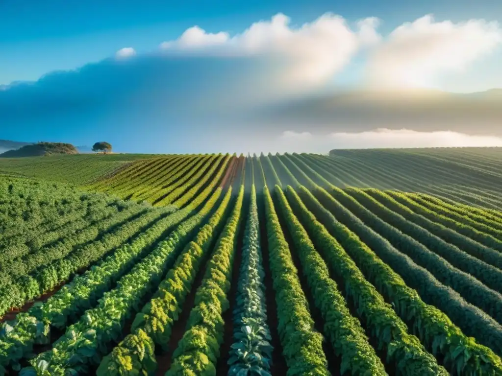 Agricultura sostenible en Uruguay: Campo verde con cultivos saludables y granjeros trabajando en armonía bajo el sol dorado