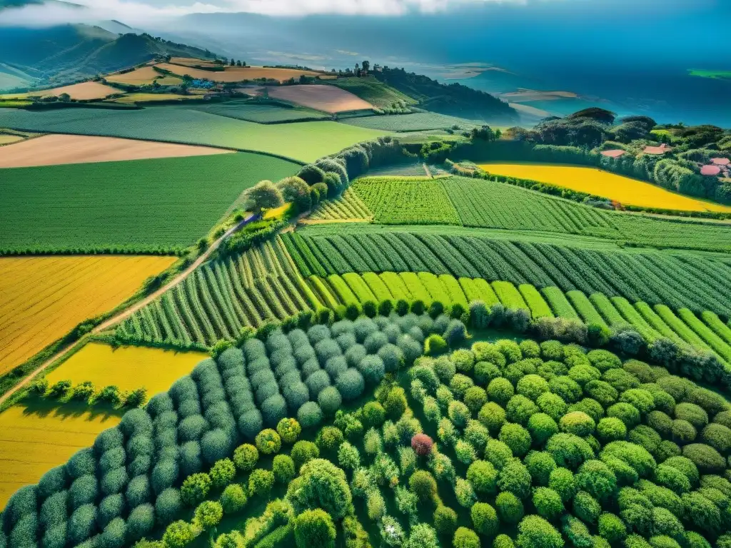 Agroturismo sostenible en Uruguay: Vista aérea de una granja verde con cultivos vibrantes y granjas tradicionales en armonía con la naturaleza