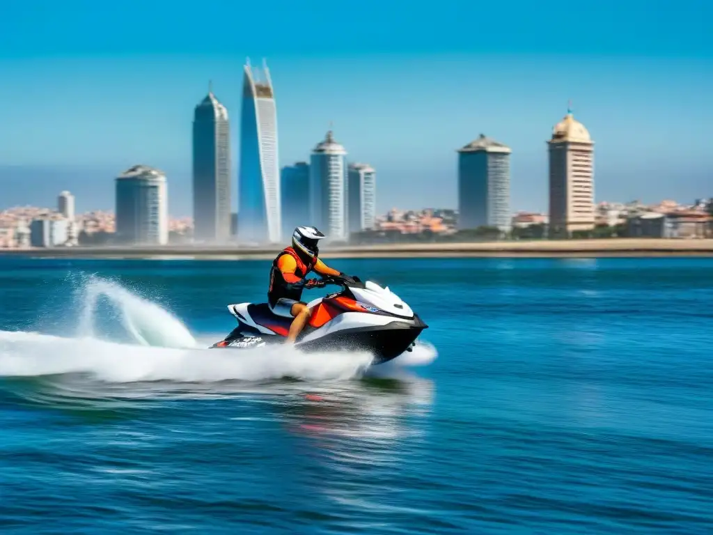 Jet Ski surcando las aguas cristalinas de la costa de Montevideo, con la ciudad al fondo