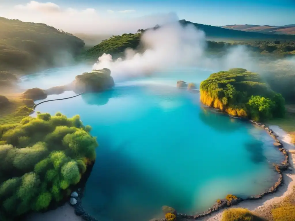 Aguas curativas de Uruguay: vista aérea de termas naturales rodeadas de vegetación exuberante bajo la luz dorada del sol