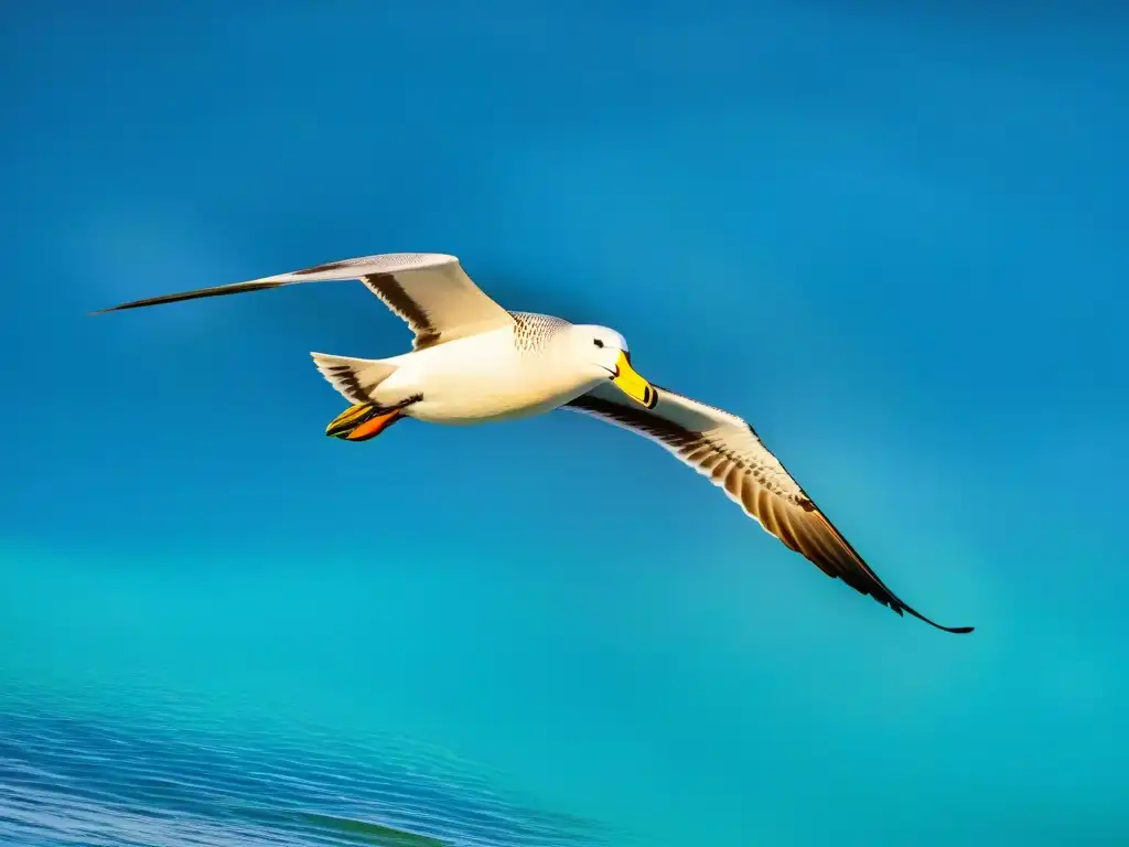 Un albatros majestuoso planea sobre las olas turquesas de la costa uruguaya, mostrando la belleza y libertad de estas aves marinas