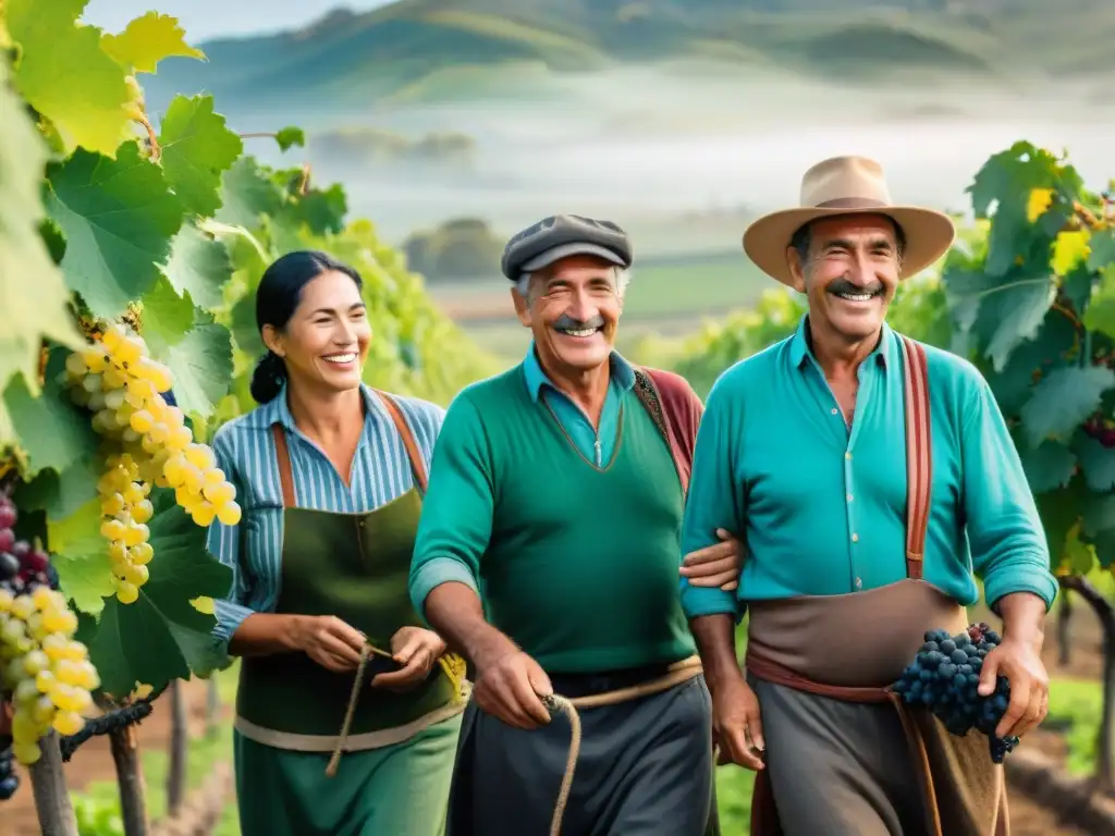 Alegre cosecha de uvas en viñedo uruguayo, reflejando la esencia del agroturismo en Uruguay tradiciones auténticas