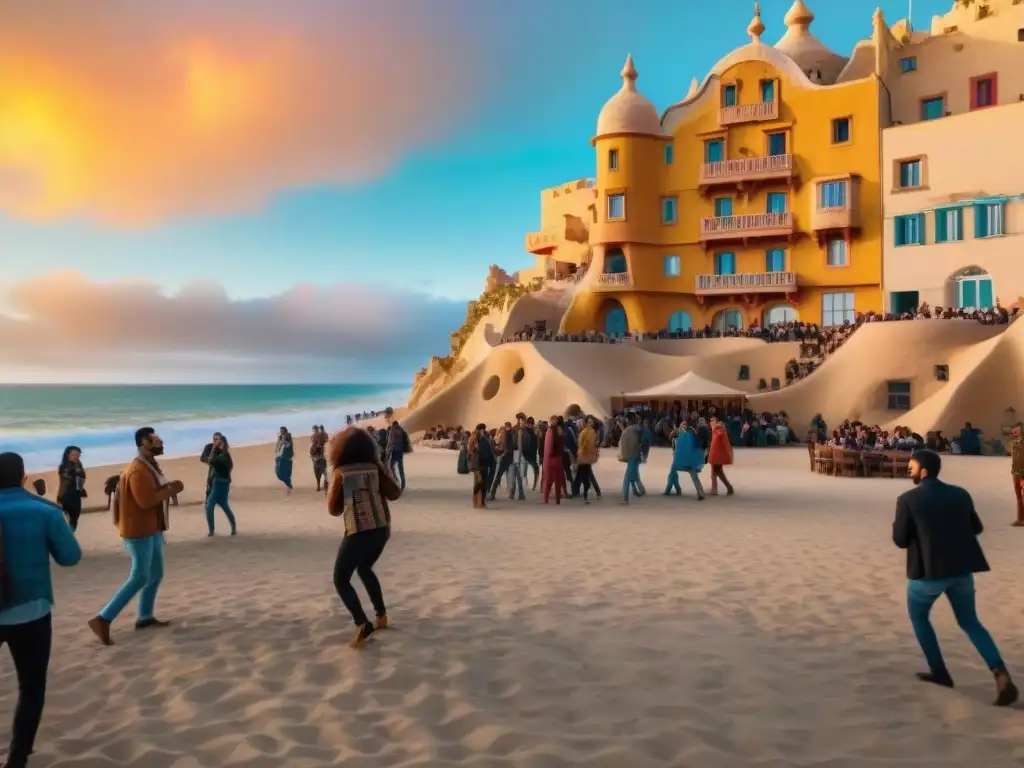 Alegre fiesta primavera en La Pedrera: jóvenes diversos riendo y bailando en la playa al atardecer, con música y banderas coloridas