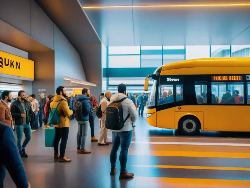 Alegre terminal de buses en Montevideo, Uruguay durante la hora pico